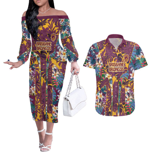 Brisbane Broncos Couples Matching Off The Shoulder Long Sleeve Dress and Hawaiian Shirt Tropical Hibiscus Floral Pattern With Maroon And Yellow Accents