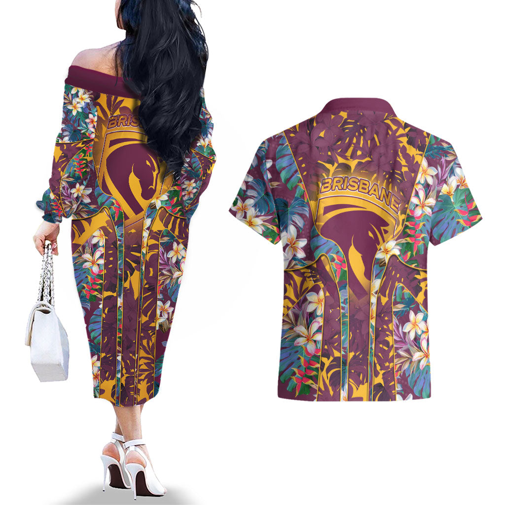 Brisbane Broncos Couples Matching Off The Shoulder Long Sleeve Dress and Hawaiian Shirt Tropical Hibiscus Floral Pattern With Maroon And Yellow Accents