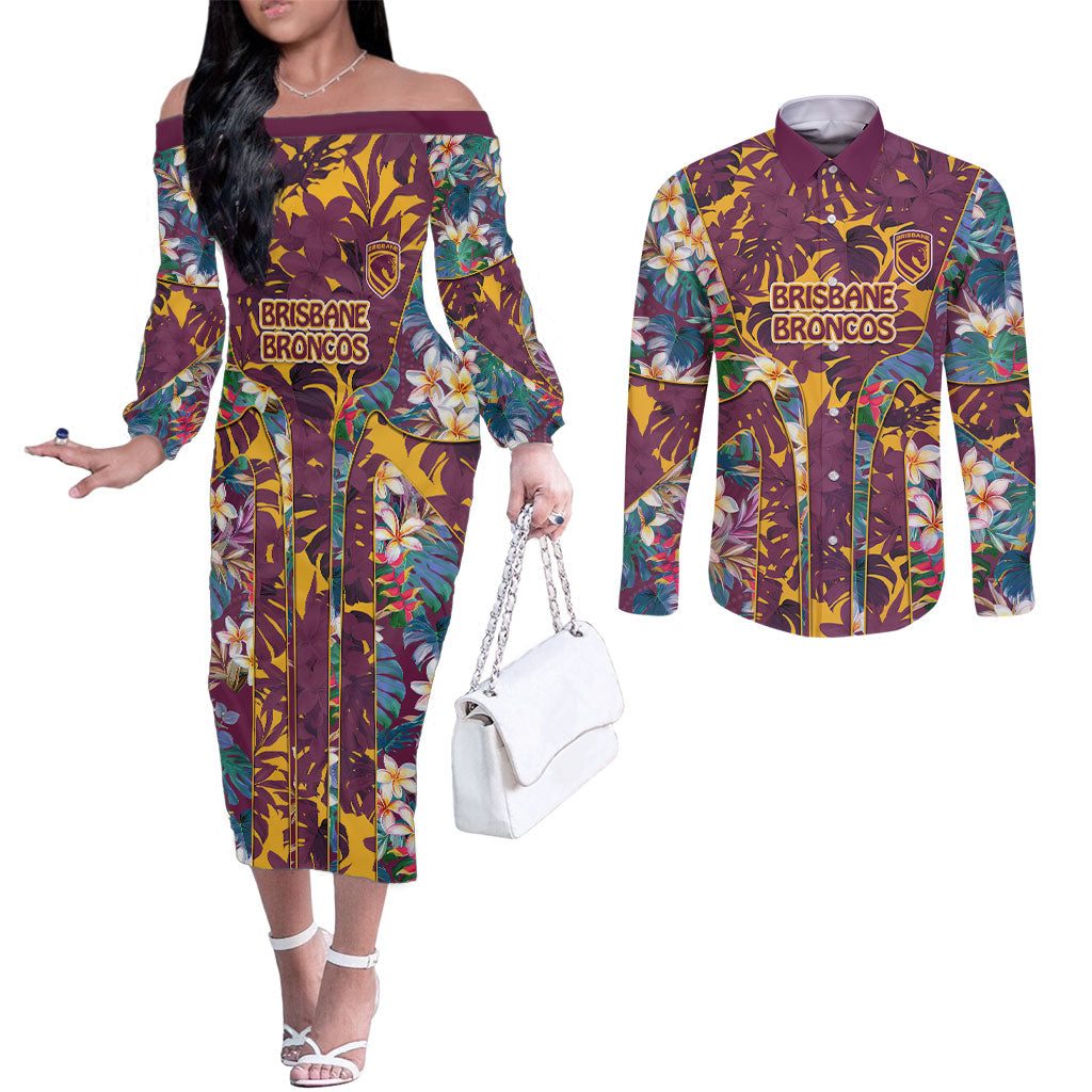 Brisbane Broncos Couples Matching Off The Shoulder Long Sleeve Dress and Long Sleeve Button Shirt Tropical Hibiscus Floral Pattern With Maroon And Yellow Accents
