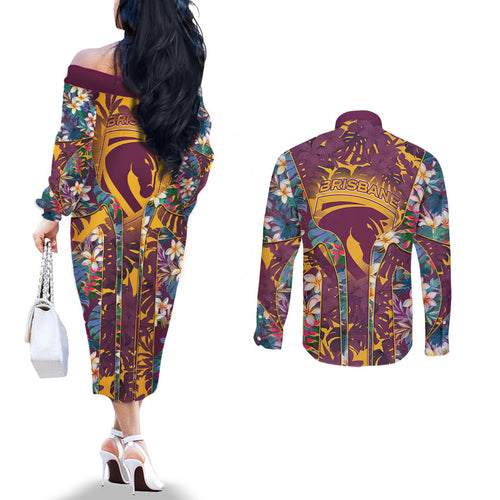 Brisbane Broncos Couples Matching Off The Shoulder Long Sleeve Dress and Long Sleeve Button Shirt Tropical Hibiscus Floral Pattern With Maroon And Yellow Accents