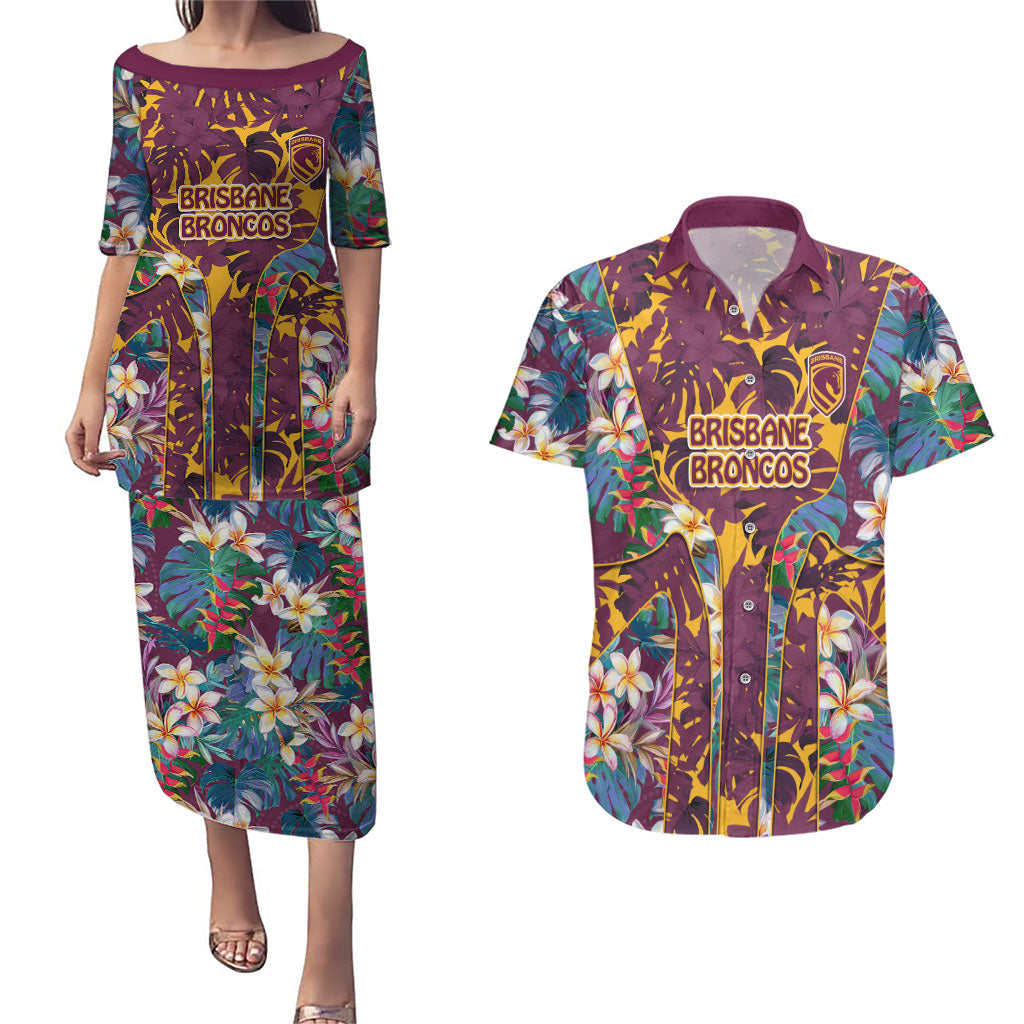 Brisbane Broncos Couples Matching Puletasi and Hawaiian Shirt Tropical Hibiscus Floral Pattern With Maroon And Yellow Accents