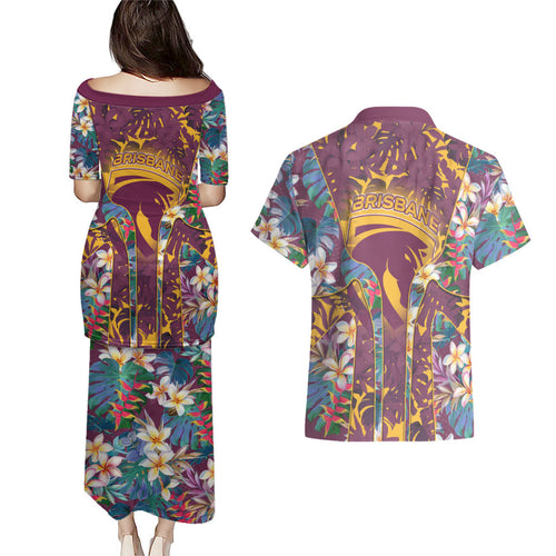 Brisbane Broncos Couples Matching Puletasi and Hawaiian Shirt Tropical Hibiscus Floral Pattern With Maroon And Yellow Accents