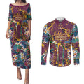 Brisbane Broncos Couples Matching Puletasi and Long Sleeve Button Shirt Tropical Hibiscus Floral Pattern With Maroon And Yellow Accents