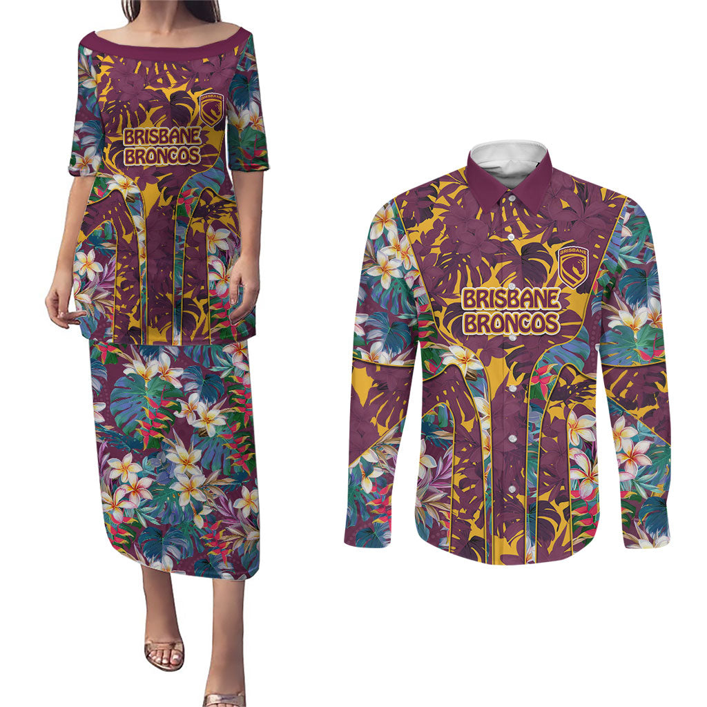 Brisbane Broncos Couples Matching Puletasi and Long Sleeve Button Shirt Tropical Hibiscus Floral Pattern With Maroon And Yellow Accents