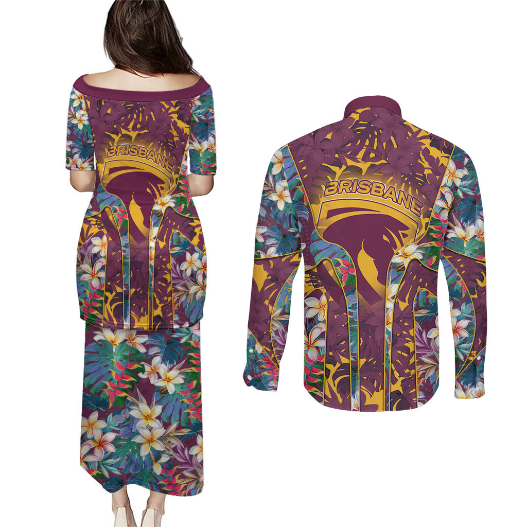 Brisbane Broncos Couples Matching Puletasi and Long Sleeve Button Shirt Tropical Hibiscus Floral Pattern With Maroon And Yellow Accents