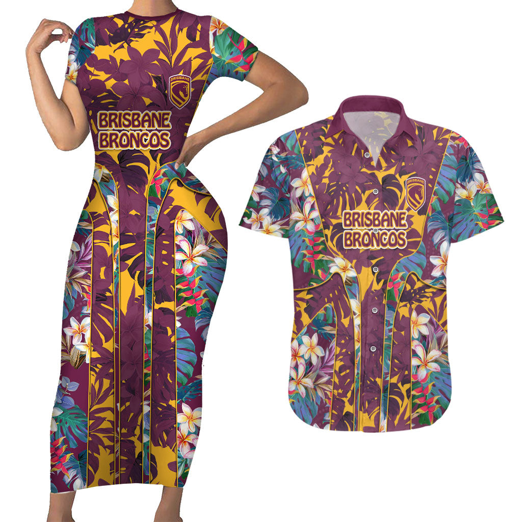 Brisbane Broncos Couples Matching Short Sleeve Bodycon Dress and Hawaiian Shirt Tropical Hibiscus Floral Pattern With Maroon And Yellow Accents