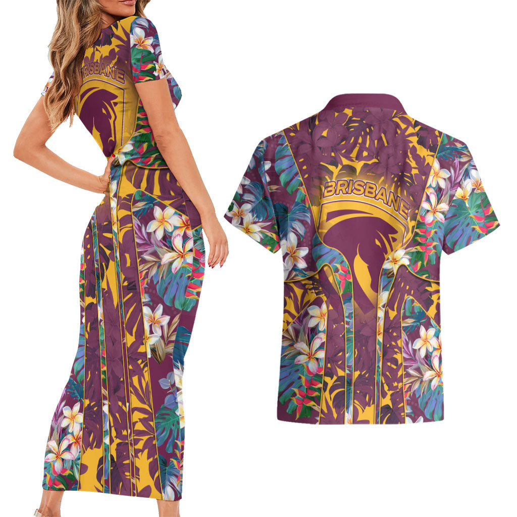 Brisbane Broncos Couples Matching Short Sleeve Bodycon Dress and Hawaiian Shirt Tropical Hibiscus Floral Pattern With Maroon And Yellow Accents