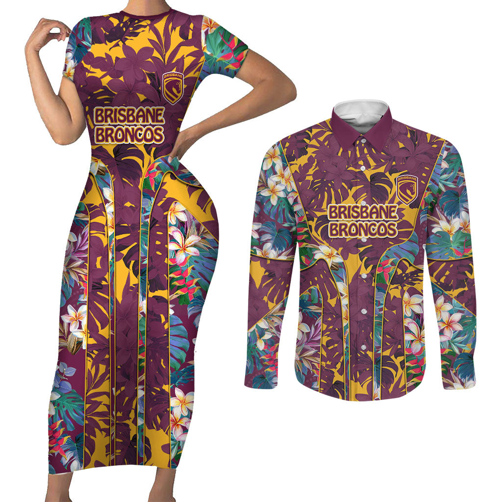 Brisbane Broncos Couples Matching Short Sleeve Bodycon Dress and Long Sleeve Button Shirt Tropical Hibiscus Floral Pattern With Maroon And Yellow Accents