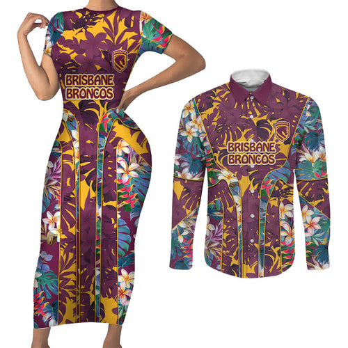 Brisbane Broncos Couples Matching Short Sleeve Bodycon Dress and Long Sleeve Button Shirt Tropical Hibiscus Floral Pattern With Maroon And Yellow Accents