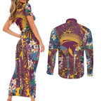 Brisbane Broncos Couples Matching Short Sleeve Bodycon Dress and Long Sleeve Button Shirt Tropical Hibiscus Floral Pattern With Maroon And Yellow Accents