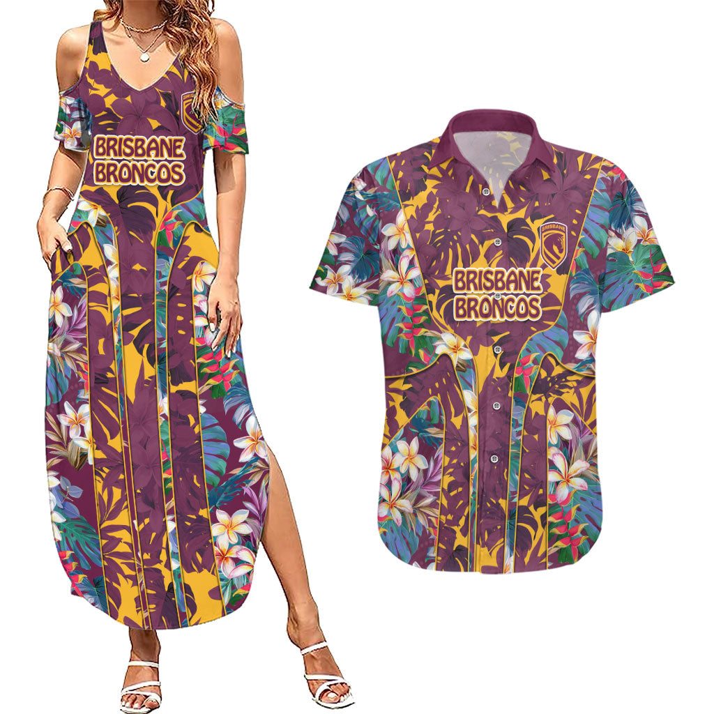 Brisbane Broncos Couples Matching Summer Maxi Dress and Hawaiian Shirt Tropical Hibiscus Floral Pattern With Maroon And Yellow Accents