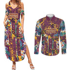 Brisbane Broncos Couples Matching Summer Maxi Dress and Long Sleeve Button Shirt Tropical Hibiscus Floral Pattern With Maroon And Yellow Accents