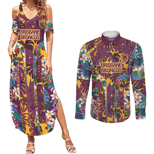 Brisbane Broncos Couples Matching Summer Maxi Dress and Long Sleeve Button Shirt Tropical Hibiscus Floral Pattern With Maroon And Yellow Accents