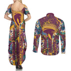 Brisbane Broncos Couples Matching Summer Maxi Dress and Long Sleeve Button Shirt Tropical Hibiscus Floral Pattern With Maroon And Yellow Accents
