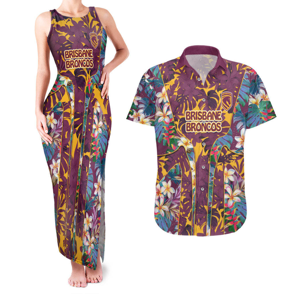 Brisbane Broncos Couples Matching Tank Maxi Dress and Hawaiian Shirt Tropical Hibiscus Floral Pattern With Maroon And Yellow Accents
