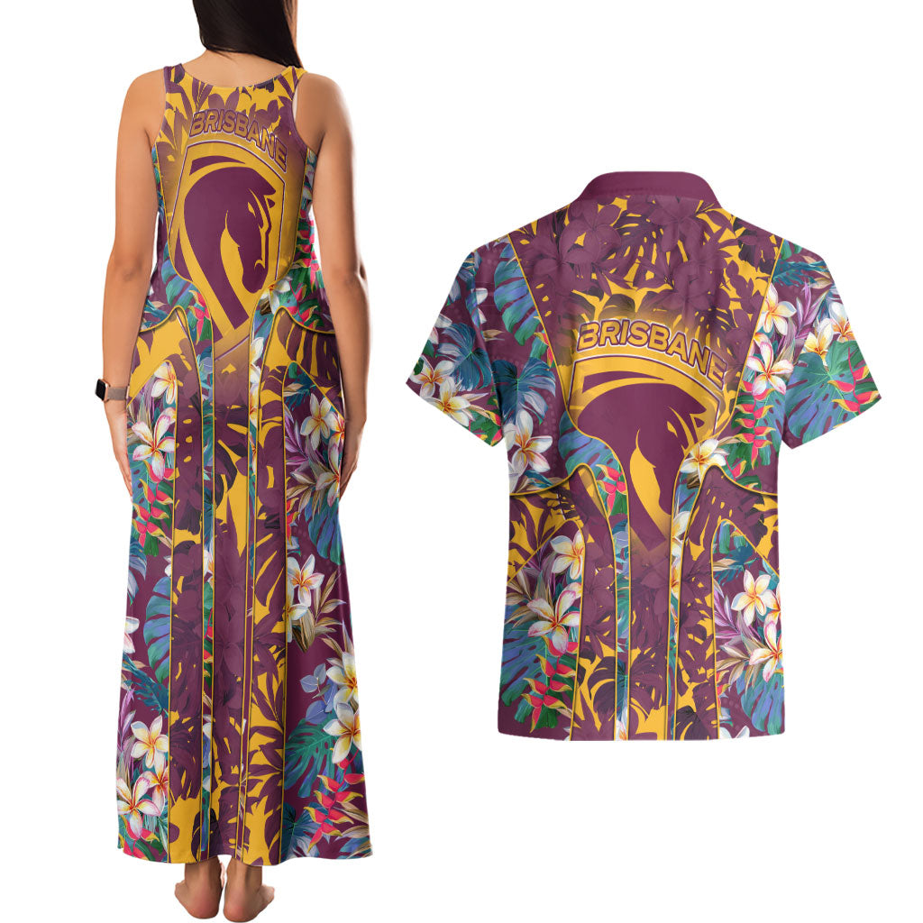 Brisbane Broncos Couples Matching Tank Maxi Dress and Hawaiian Shirt Tropical Hibiscus Floral Pattern With Maroon And Yellow Accents