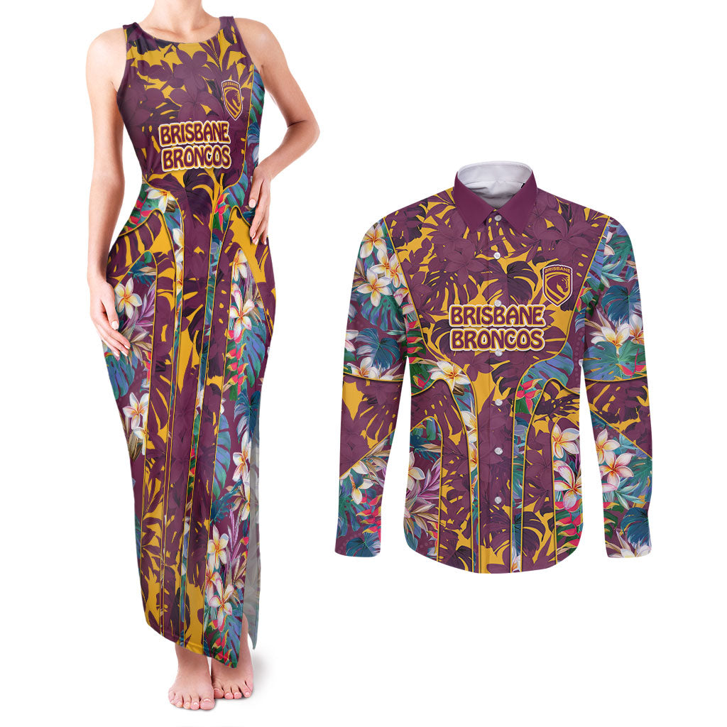Brisbane Broncos Couples Matching Tank Maxi Dress and Long Sleeve Button Shirt Tropical Hibiscus Floral Pattern With Maroon And Yellow Accents