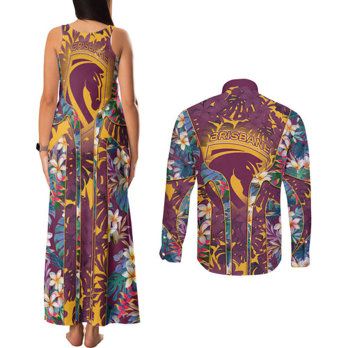 Brisbane Broncos Couples Matching Tank Maxi Dress and Long Sleeve Button Shirt Tropical Hibiscus Floral Pattern With Maroon And Yellow Accents