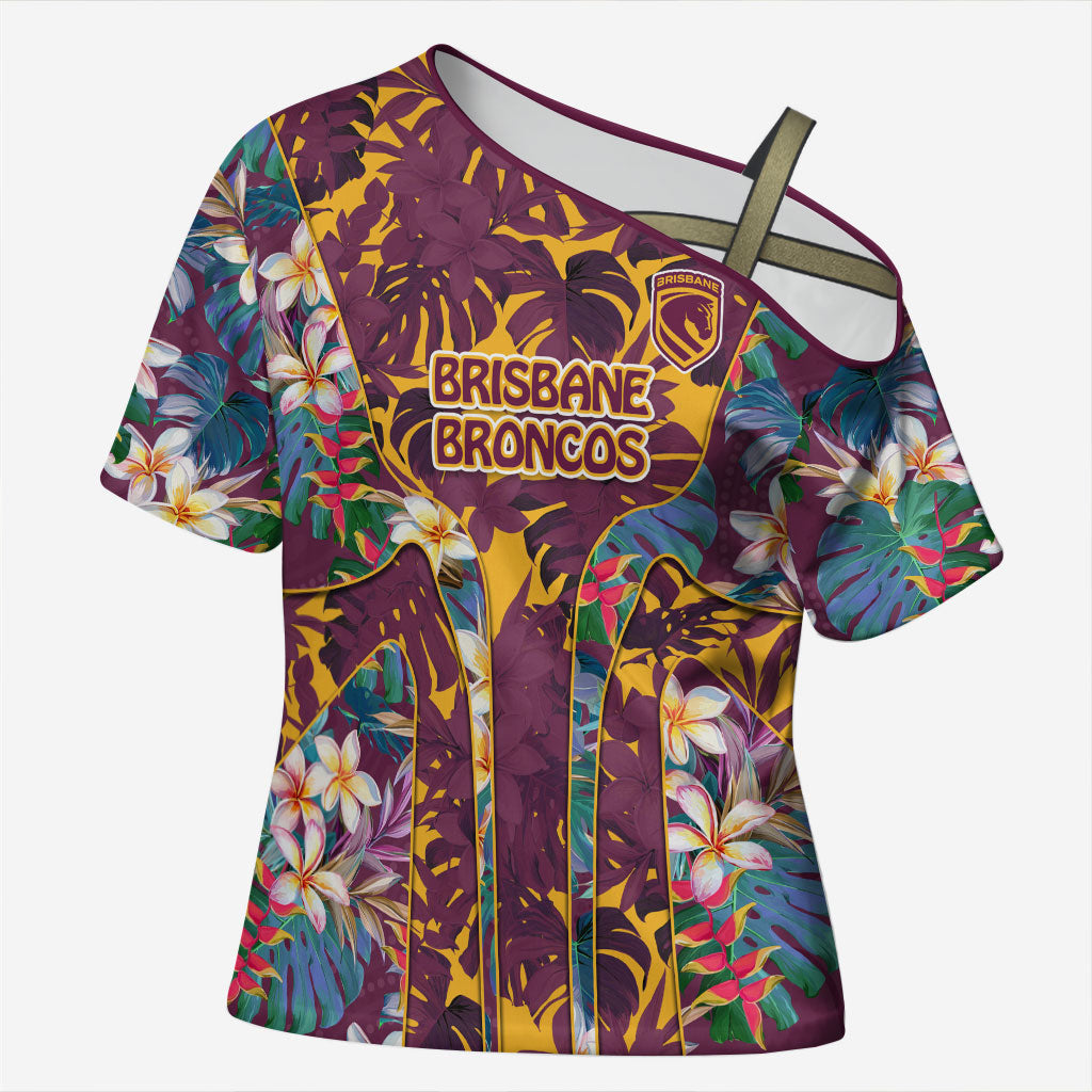 Brisbane Broncos Cross Shoulder Shirt Tropical Hibiscus Floral Pattern With Maroon And Yellow Accents