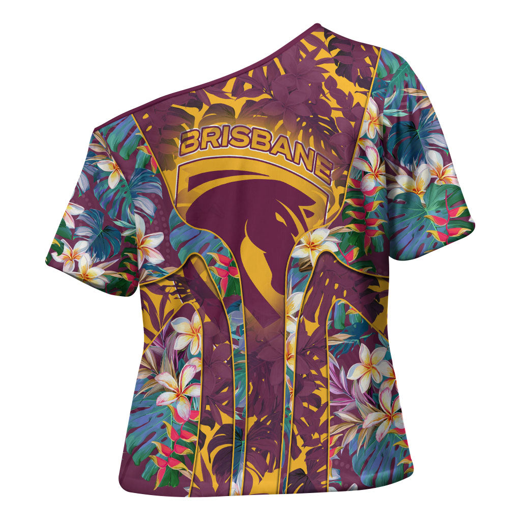Brisbane Broncos Cross Shoulder Shirt Tropical Hibiscus Floral Pattern With Maroon And Yellow Accents