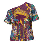 Brisbane Broncos Cross Shoulder Shirt Tropical Hibiscus Floral Pattern With Maroon And Yellow Accents