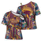 Brisbane Broncos Cross Shoulder Shirt Tropical Hibiscus Floral Pattern With Maroon And Yellow Accents