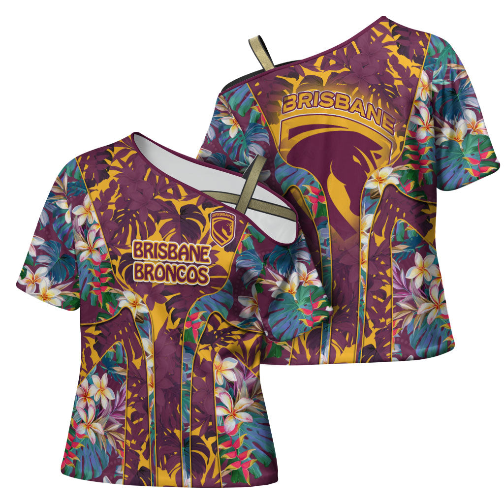 Brisbane Broncos Cross Shoulder Shirt Tropical Hibiscus Floral Pattern With Maroon And Yellow Accents