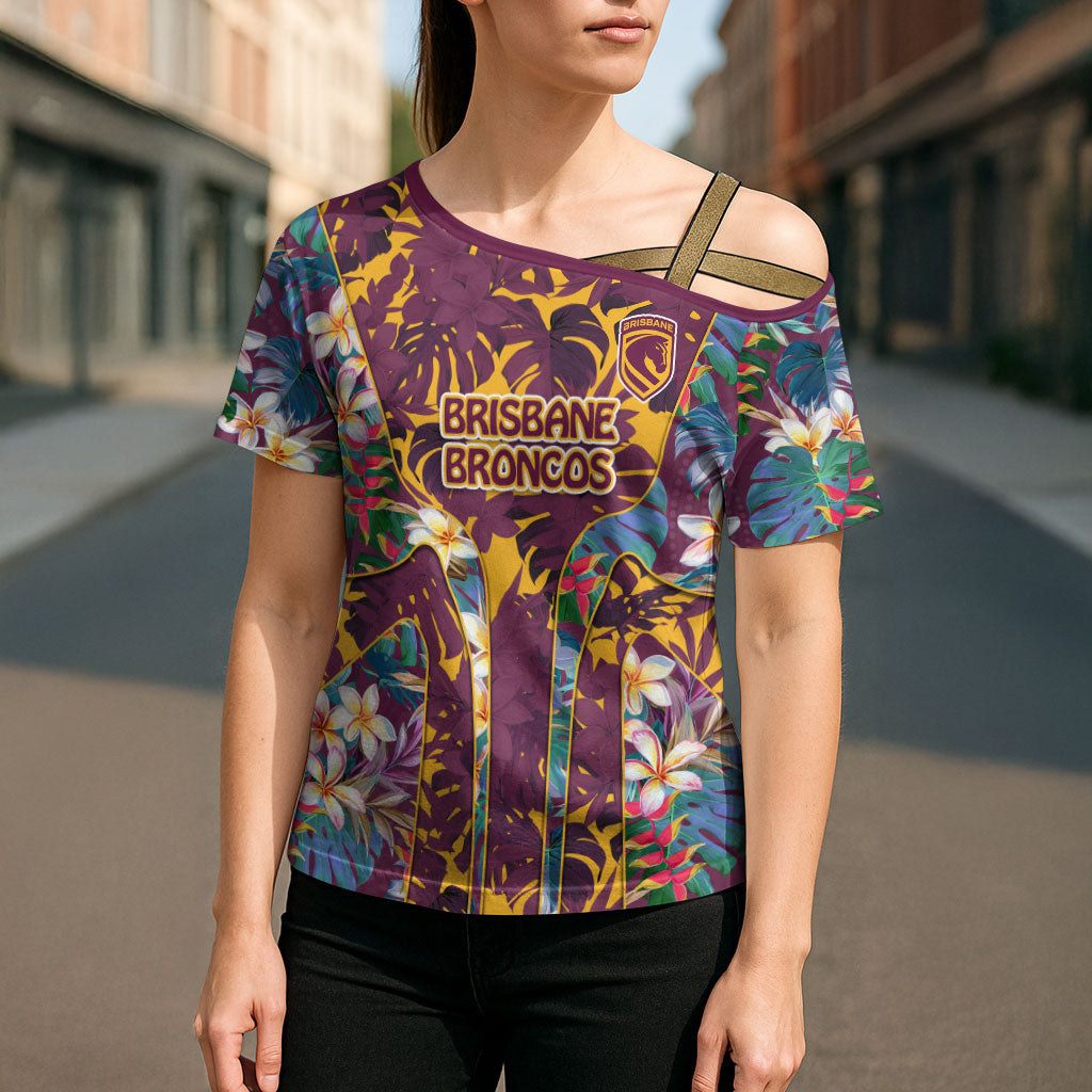 Brisbane Broncos Cross Shoulder Shirt Tropical Hibiscus Floral Pattern With Maroon And Yellow Accents