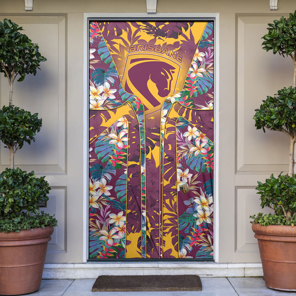 Brisbane Broncos Door Cover Tropical Hibiscus Floral Pattern With Maroon And Yellow Accents