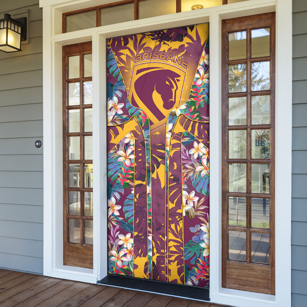 Brisbane Broncos Door Cover Tropical Hibiscus Floral Pattern With Maroon And Yellow Accents