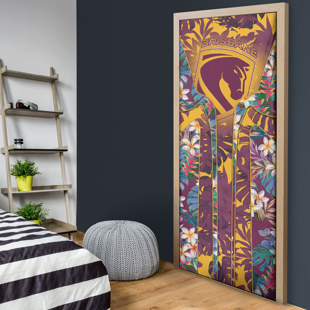 Brisbane Broncos Door Cover Tropical Hibiscus Floral Pattern With Maroon And Yellow Accents