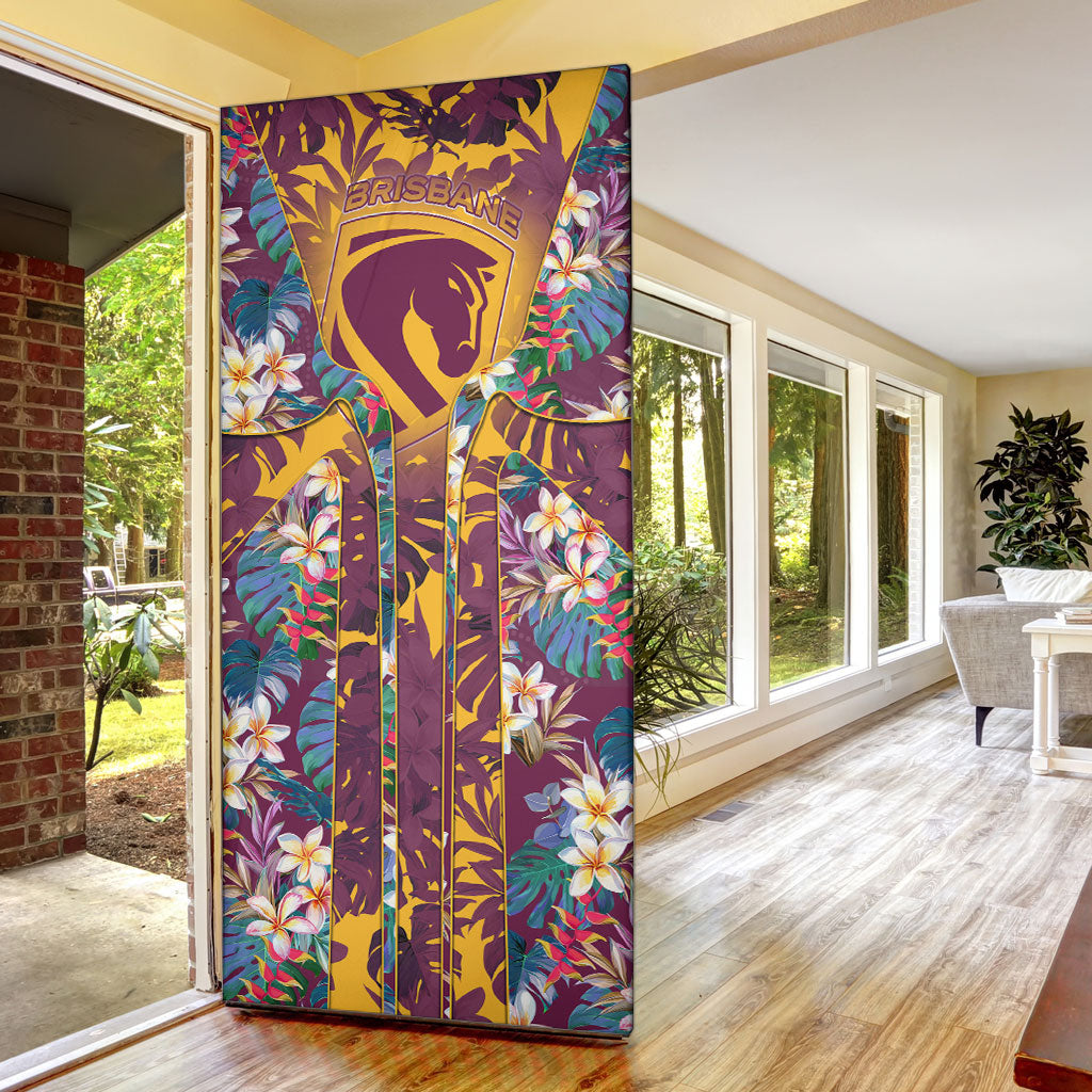 Brisbane Broncos Door Cover Tropical Hibiscus Floral Pattern With Maroon And Yellow Accents