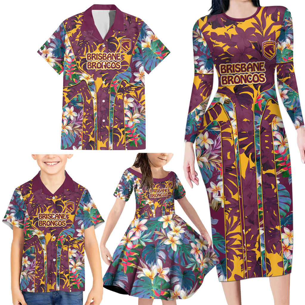 Brisbane Broncos Family Matching Long Sleeve Bodycon Dress and Hawaiian Shirt Tropical Hibiscus Floral Pattern With Maroon And Yellow Accents