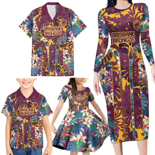 Brisbane Broncos Family Matching Long Sleeve Bodycon Dress and Hawaiian Shirt Tropical Hibiscus Floral Pattern With Maroon And Yellow Accents