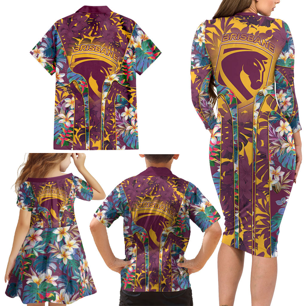 Brisbane Broncos Family Matching Long Sleeve Bodycon Dress and Hawaiian Shirt Tropical Hibiscus Floral Pattern With Maroon And Yellow Accents