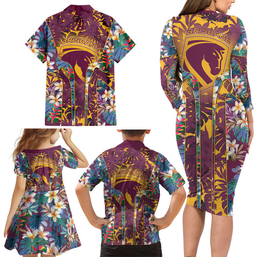 Brisbane Broncos Family Matching Long Sleeve Bodycon Dress and Hawaiian Shirt Tropical Hibiscus Floral Pattern With Maroon And Yellow Accents