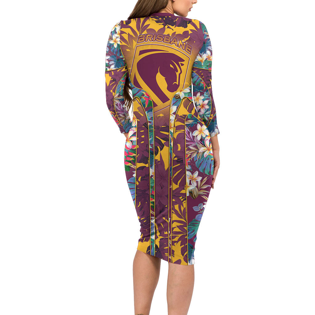 Brisbane Broncos Family Matching Long Sleeve Bodycon Dress and Hawaiian Shirt Tropical Hibiscus Floral Pattern With Maroon And Yellow Accents