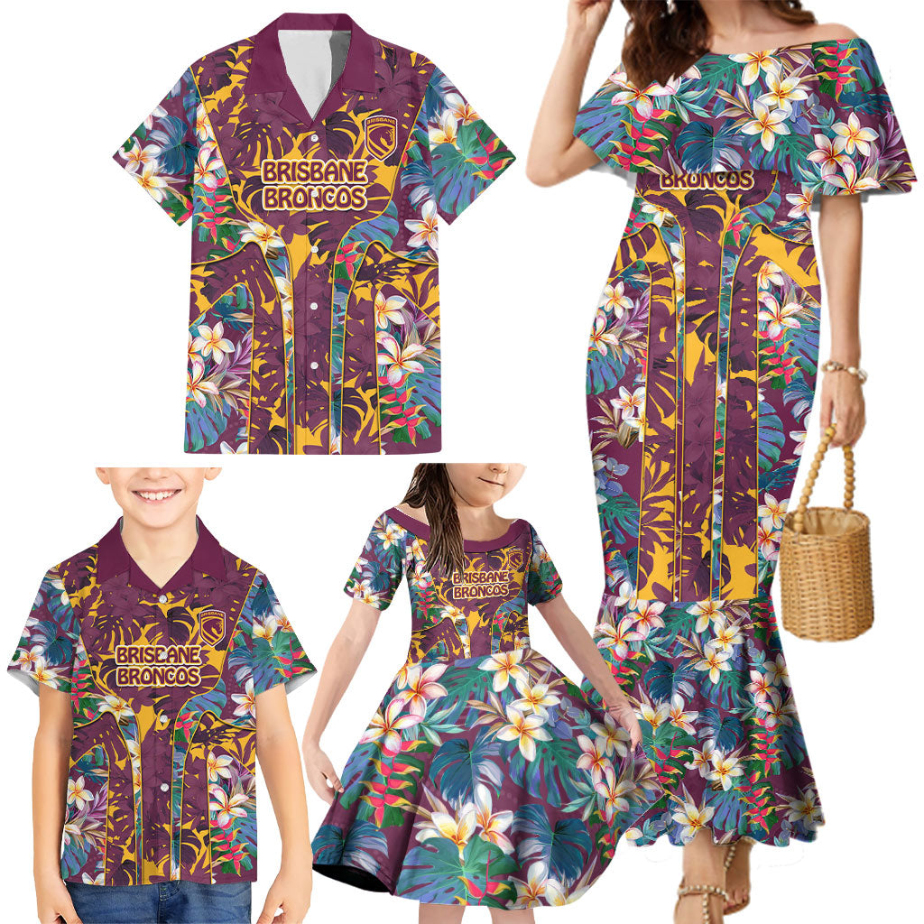 Brisbane Broncos Family Matching Mermaid Dress and Hawaiian Shirt Tropical Hibiscus Floral Pattern With Maroon And Yellow Accents