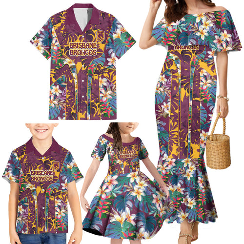Brisbane Broncos Family Matching Mermaid Dress and Hawaiian Shirt Tropical Hibiscus Floral Pattern With Maroon And Yellow Accents