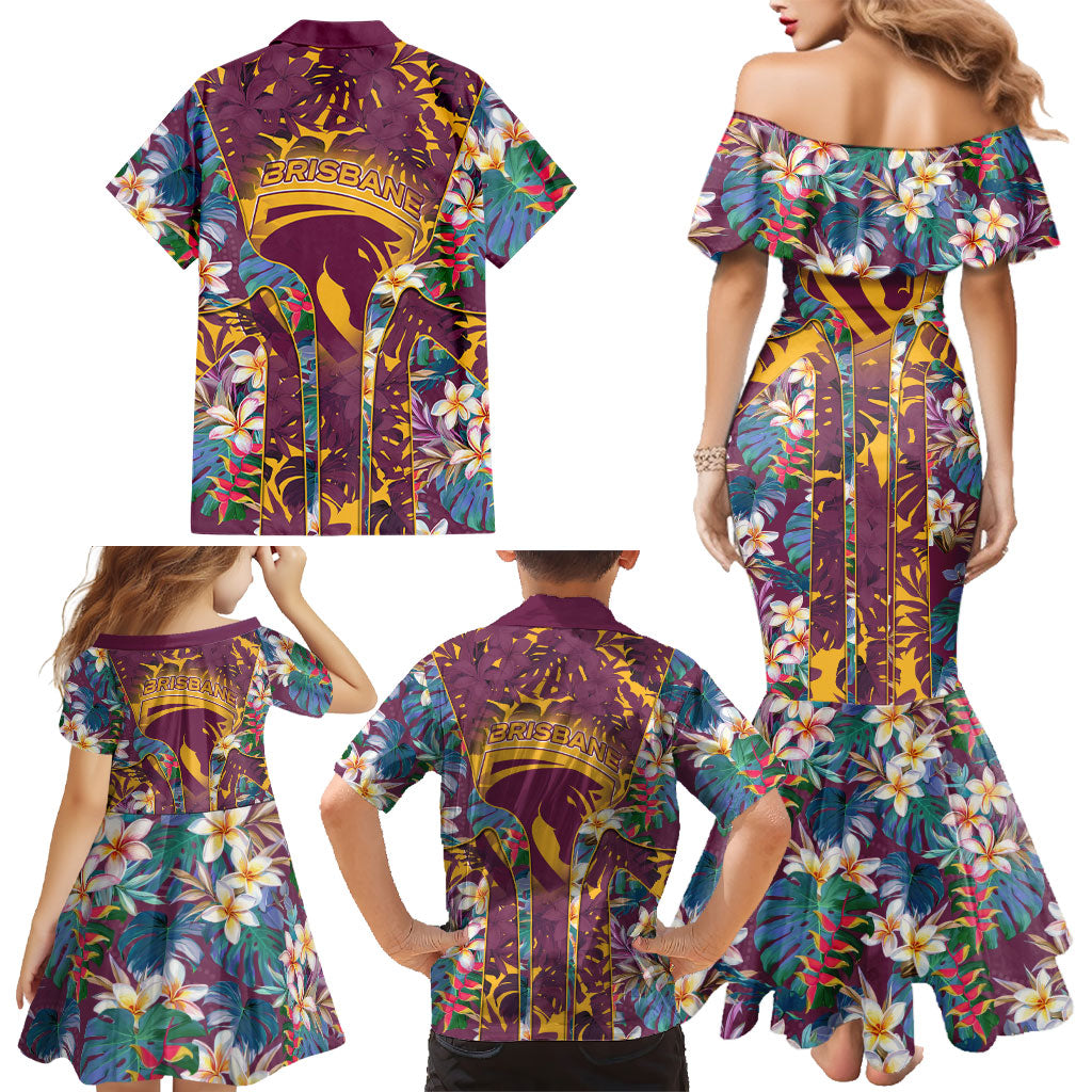 Brisbane Broncos Family Matching Mermaid Dress and Hawaiian Shirt Tropical Hibiscus Floral Pattern With Maroon And Yellow Accents