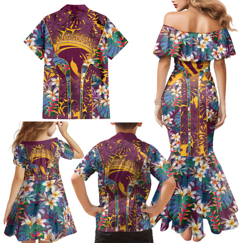 Brisbane Broncos Family Matching Mermaid Dress and Hawaiian Shirt Tropical Hibiscus Floral Pattern With Maroon And Yellow Accents