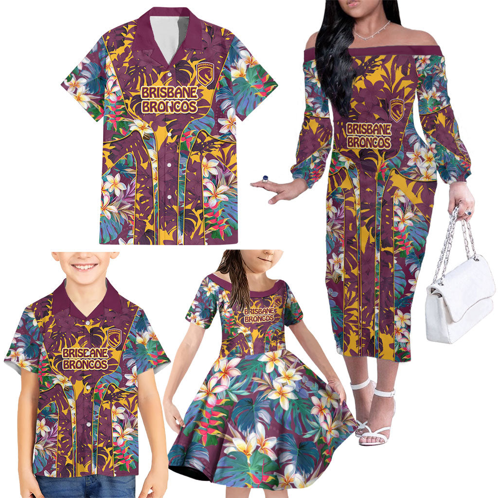 Brisbane Broncos Family Matching Off The Shoulder Long Sleeve Dress and Hawaiian Shirt Tropical Hibiscus Floral Pattern With Maroon And Yellow Accents