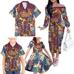 Brisbane Broncos Family Matching Off The Shoulder Long Sleeve Dress and Hawaiian Shirt Tropical Hibiscus Floral Pattern With Maroon And Yellow Accents