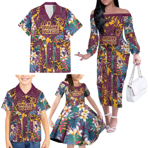 Brisbane Broncos Family Matching Off The Shoulder Long Sleeve Dress and Hawaiian Shirt Tropical Hibiscus Floral Pattern With Maroon And Yellow Accents