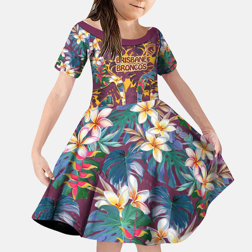 Brisbane Broncos Family Matching Off The Shoulder Long Sleeve Dress and Hawaiian Shirt Tropical Hibiscus Floral Pattern With Maroon And Yellow Accents