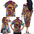 Brisbane Broncos Family Matching Off The Shoulder Long Sleeve Dress and Hawaiian Shirt Tropical Hibiscus Floral Pattern With Maroon And Yellow Accents