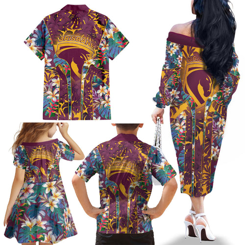 Brisbane Broncos Family Matching Off The Shoulder Long Sleeve Dress and Hawaiian Shirt Tropical Hibiscus Floral Pattern With Maroon And Yellow Accents