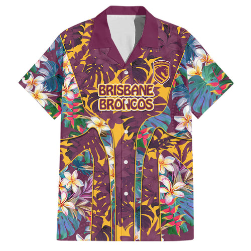 Brisbane Broncos Family Matching Off The Shoulder Long Sleeve Dress and Hawaiian Shirt Tropical Hibiscus Floral Pattern With Maroon And Yellow Accents