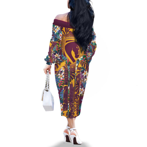 Brisbane Broncos Family Matching Off The Shoulder Long Sleeve Dress and Hawaiian Shirt Tropical Hibiscus Floral Pattern With Maroon And Yellow Accents