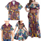 Brisbane Broncos Family Matching Off Shoulder Maxi Dress and Hawaiian Shirt Tropical Hibiscus Floral Pattern With Maroon And Yellow Accents